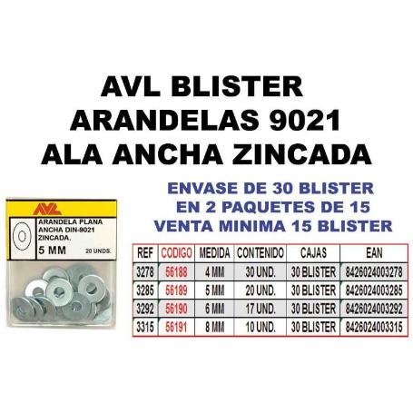 AVL BLISTER ARANDELA 9021 A-ANCHA 4 MM ZINCADA 3278 (CAJA 15 UNIDADES)