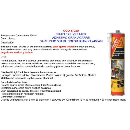 BAJA SIKAFLEX HIGH TACK ADHESIVO  AGARRE BLANCO CAR.300ML 465496