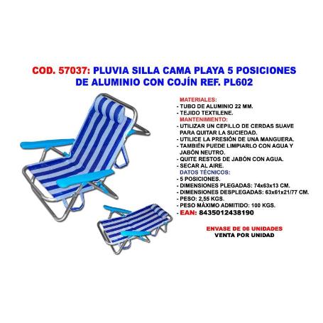PLUVIA FINSTOK SILLA BAJA PLAYA CAMA 5 POSI ALU 22MM COJIN PL602