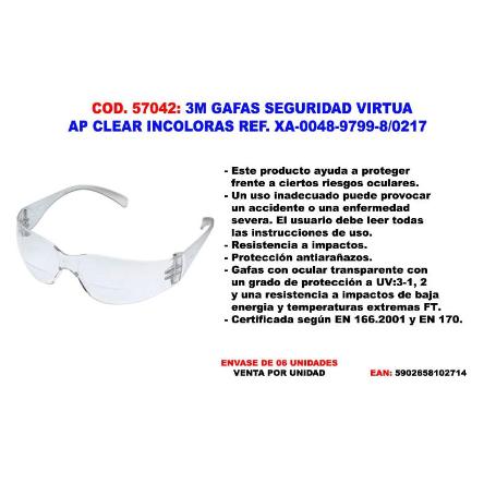 3M GAFAS SEGURIDAD VIRTUA AP CLEAR INCOLORAS UU-0083-2183-6