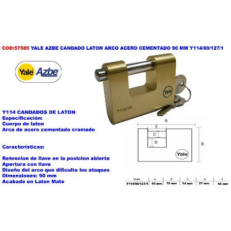 YALE AZBE CANDADO LATON ARCO ACERO CEMENTADO 90 MM Y114-90-127-1