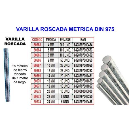VARILLA ROSCADA METRICA   5 MM DIN 975 CALIDAD 4.8