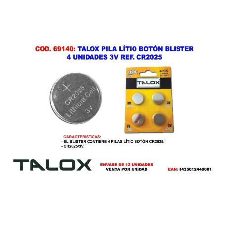 TALOX PILA LITIO 170 MAH BOTON BLISTER 4 U 3V CR2025 22MMØX2.5