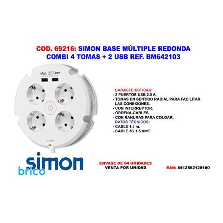 SIMON FINST BASE MULTIPLE REDONDA COMBI 4 TOMAS + 2 USB BM642103