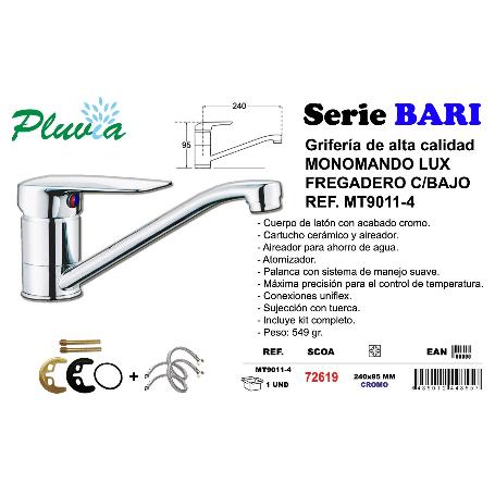 PLUVIA BARI GRIFO MONOMANDO LUX FREGADERO CAÑO RECTO MT9011-4