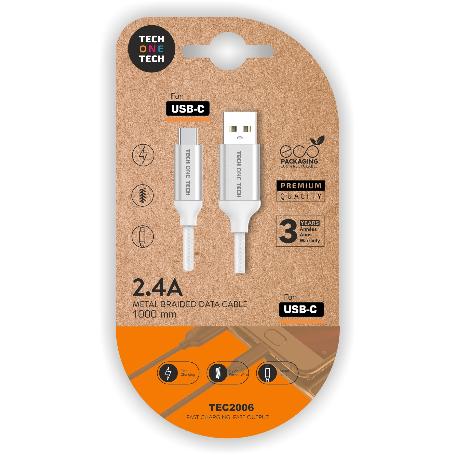 TECH CABLE MOVIL CARGA RAPIDA NYLON 1M BLANCO USBA USB-C TEC2006