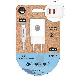 TECH CARGADO MOVIL DOBLE 2XUSB PARED BLANCO CABLE IPHONE TEC2402
