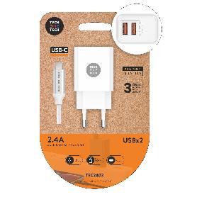 TECH CARGADOR MOVIL DOBLE 2XUSB PARED BLANCO+CABLE USB-C TEC2403