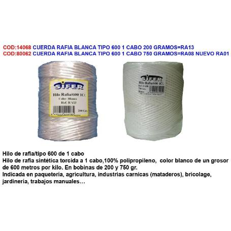 SIFER CUERDA RAFIA BLANCA 2 MM X 450 M 600M-KG 1 CABO 750 GR
