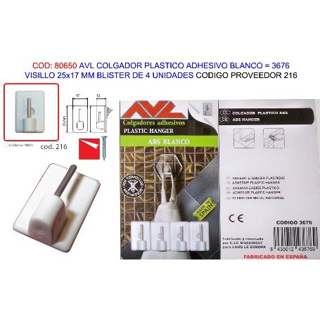 AVL COLGADOR PLAST.ADHESIVO BCO.VISILLO 25X17MM BL 4U 3676 (216)