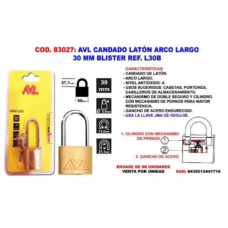 AVL CANDADO LATON FINSTOCK A-LARGO 30 M.M. BLISTER L30B