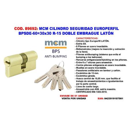 MCM CILINDRO SEGURIDAD DOBLE EMBRAGUE 30X30 R-15 LATON BPSDE3030
