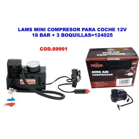 LAMS MINI COMPRESOR PARA COCHE 12V 18 BAR+3 BOQUILLAS 124025
