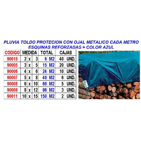 PLUVIA TOLDO LONA PROTECCION+OJAL+REFUERZO 5X8 40 M2 80GR AZUL