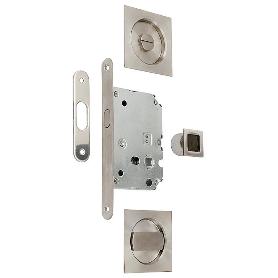 KIT CIERRE PUERTA CORREDERA CUADRADAS NIQUEL SATINADO  56X56 EXTERIOR, D48 INTERIOR.