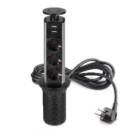EMUCA MULTICONECTOR EXTRAÍBLE VERTIKAL, 3 ENCHUFES TIPO SCHUKO, 2 USB TIPO A, PLÁSTICO Y ALUMINIO, PINTADO NEGRO