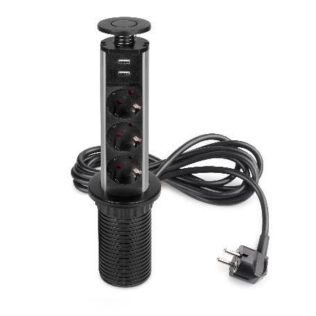 EMUCA MULTICONECTOR EXTRAÍBLE VERTIKAL, 3 ENCHUFES TIPO SCHUKO, 2 USB TIPO A, PLÁSTICO Y ALUMINIO, PINTADO NEGRO