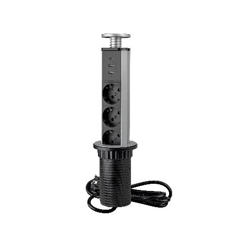 EMUCA MULTICONECTOR EXTRAÍBLE VERTIKAL, 3 ENCHUFES TIPO SCHUKO, 1 USB TIPO A, 1 USB TIPO C, PLÁSTICO Y ALUMINIO, GR