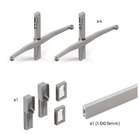 EMUCA KIT DE SOPORTES PARA 4 ESTANTES DE MADERA Y 1 BARRA DE COLGAR DE LONGITUD 1M ZERO, ALUMINIO Y ZAMAK Y PLÁSTIC