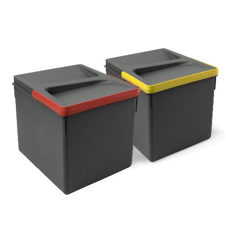 EMUCA KIT DE CONTENEDORES DE RECICLAJE PARA CAJÓN DE COCINA RECYCLE ALTURA 216MM, 2X12LITROS, PLÁSTICO GRIS ANTRACI