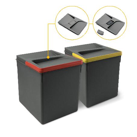 EMUCA CONTENEDORES PARA CAJÓN DE COCINA RECYCLE CON TAPA ANTI OLORES, ALTURA 266, 2X15LITROS, PLÁSTICO GRIS ANTRACI