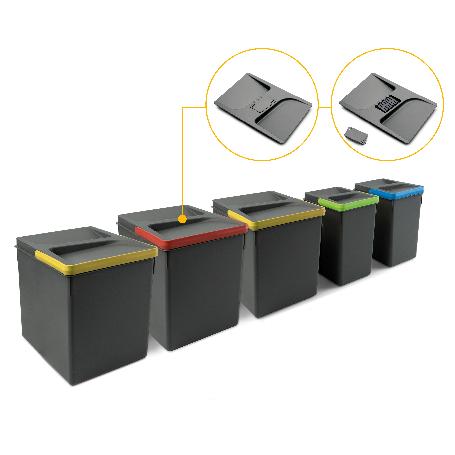 EMUCA CONTENEDORES PARA CAJÓN DE COCINA RECYCLE CON TAPA ANTI OLORES, ALTURA 266, 3X15LITROS, 2X7LITROS, PLÁSTICO G