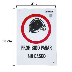 CARTEL PROHIBIDO PASAR SIN CASCO 30X21 CM.