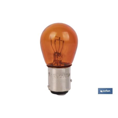 LÁMPARA COFAN 2 POLOS ÁMBAR DESCENTRADA P21/5W (BAZ15D) 12V VENTA UNITARIA