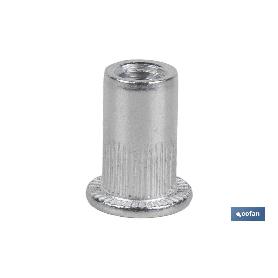 TUERCAS REMACHABLES CILÍNDRICAS RANURADAS FONDO ABIERTO CABEZA ANCHA ALUMINIO M3 X 10   CAJA 1000 UNID.