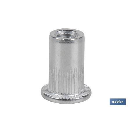 TUERCAS REMACHABLES CILÍNDRICAS RANURADAS FONDO ABIERTO CABEZA ANCHA ALUMINIO M8 X 16   CAJA 250 UNID.