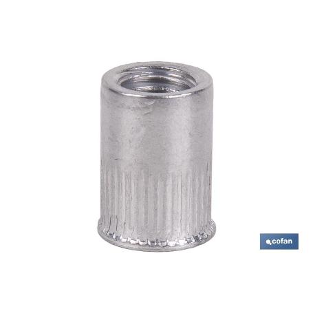 TUERCAS REMACHABLES CILÍNDRICAS RANURADAS FONDO ABIERTO CABEZA REDUCIDA ALUMINIO M4 X 10   CAJA 1000 UNID.