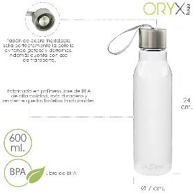 BOTELLA AGUA, CAPACIDAD DE 600 ML. PLASTICO LIBRE BPA, CON ASA, TAPON ACERO INOXIDABLE.