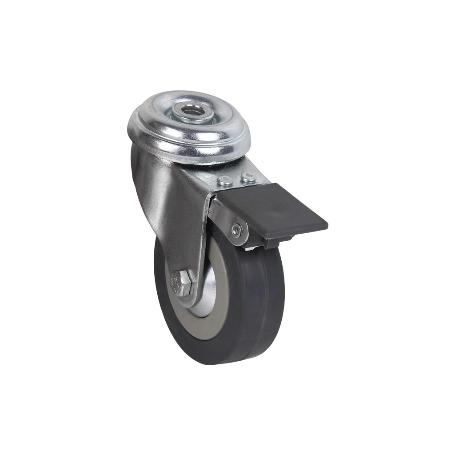 RUEDA DE GOMA GRIS CON AGUJERO PASANTE Y FRENO Ø40 X 18 MM   CAJA 4 UNID.