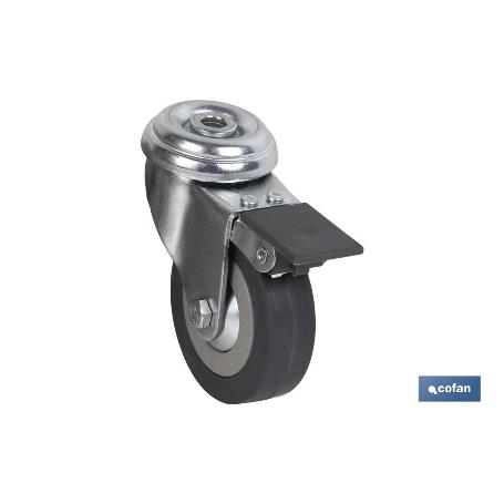 RUEDA DE GOMA GRIS CON AGUJERO PASANTE Y FRENO Ø40 X 18 MM VENTA UNITARIA