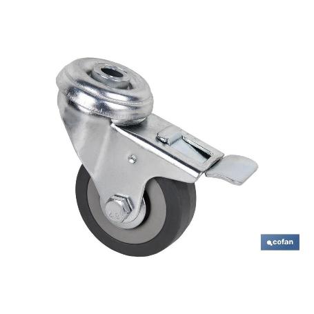 RUEDA DE GOMA GRIS CON AGUJERO PASANTE Y FRENO Ø75 X 22 MM VENTA UNITARIA