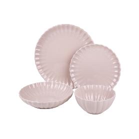 VAJILLA DE PORCELANA EN RELIEVE COLOR ROSA NUDE ESMALTADO 16 PIEZAS