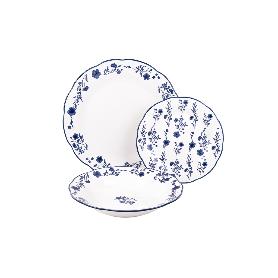 VAJILLA DE PORCELANA CON DETALLE FLORAL AZUL ESMALTADO DE FORMA IRREGULAR 18 PIEZAS