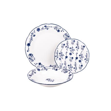 VAJILLA DE PORCELANA CON DETALLE FLORAL AZUL ESMALTADO DE FORMA IRREGULAR 18 PIEZAS