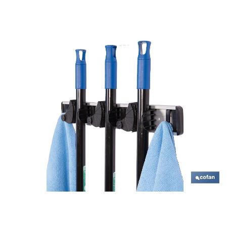 ORGANIZADOR DE ESCOBAS CON 3 ESPACIOS AJUSTABLES  Y 4 GANCHOS