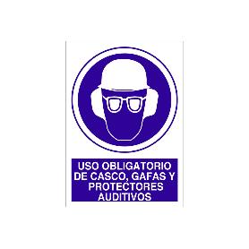 SEÑAL POLIESTIRENO  297X210MM. USO OBLIGATORIO DE CASCO, GAFAS Y PROTECTORES AUDITIVOS