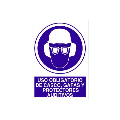 SEÑAL POLIESTIRENO  297X210MM. USO OBLIGATORIO DE CASCO, GAFAS Y PROTECTORES AUDITIVOS