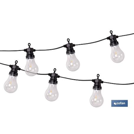 GUIRNALDA DE BOMBILLAS LED 10 UDS. CON PANEL SOLAR A19 3,7 V 1,2 AH IP44 3000 K 4,5 + 3 M