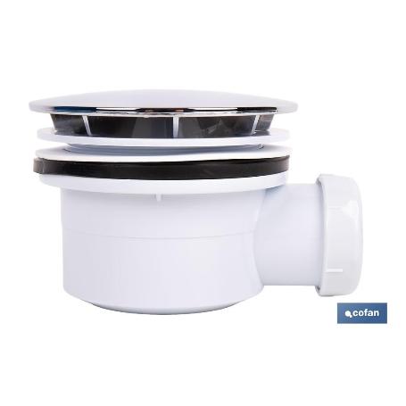 VÁLVULA SIFÓNICA PARA PLATO DE DUCHA Ø90 MM CON SALIDA Ø32-40 MM Y EMBELLECEDOR CROMADO