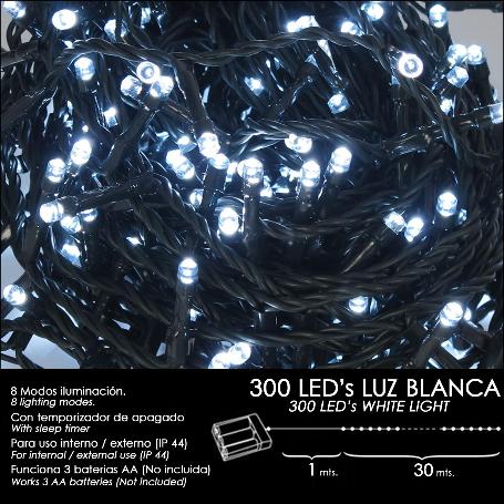 LUCES NAVIDAD A PILAS 300 LEDS LUZ BLANCA INTERIOR / EXTERIOR (IP44)
