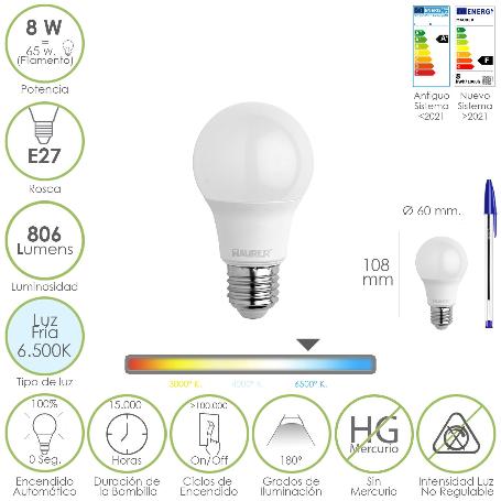 BOMBILLA LED ESTANDAR ROSCA E27. 8 WATT. EQUIVALE A 65 WATT. 806 LUMENES. LUZ FRÍA (6500º K.)