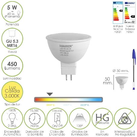 BOMBILLA LED DICROICA ROSCA GU 5.3 / MR16. 5 WATT. EQUIVALE A 40 WATT. 405 LUMENES. LUZ CÁLIDA (3000º K.)