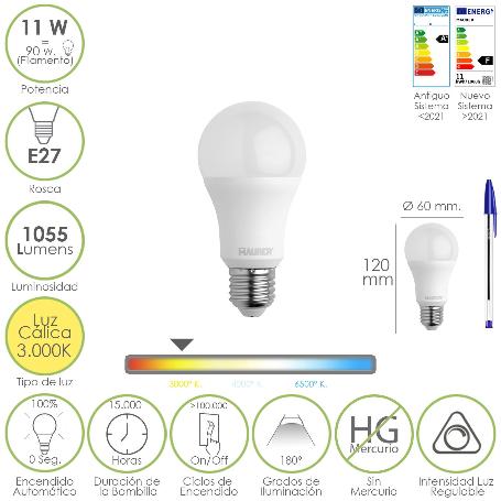 BOMBILLA LED ESTANDAR ROSCA E27. 11 WATT. EQUIVALE A 90 WATT. 1055 LUMENES. LUZ CALIDA (3000º K.) DIMERABLE