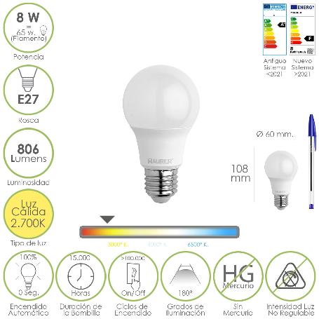 BOMBILLA LED ESTANDAR ROSCA E27. 8 WATT. EQUIVALE A 65 WATT. 806 LUMENES. LUZ CALIDA (2700º K.)