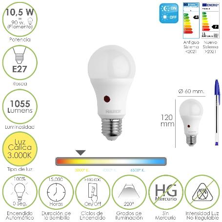 BOMBILLA LED ESFERA CON SENSOR CREPUSCULAR. ROSCA E27. 10.5 WATT. EQUIVALE A 90 WATT. 1055 LUMENES. LUZ CALIDA 3000