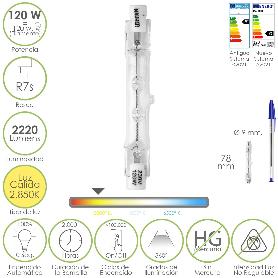 BOMBILLA HALOGENA PARA FOCOS ROSCA R7S. 120 WATT. 2220 LUMENES. LUZ CÁLIDA (2850º K)